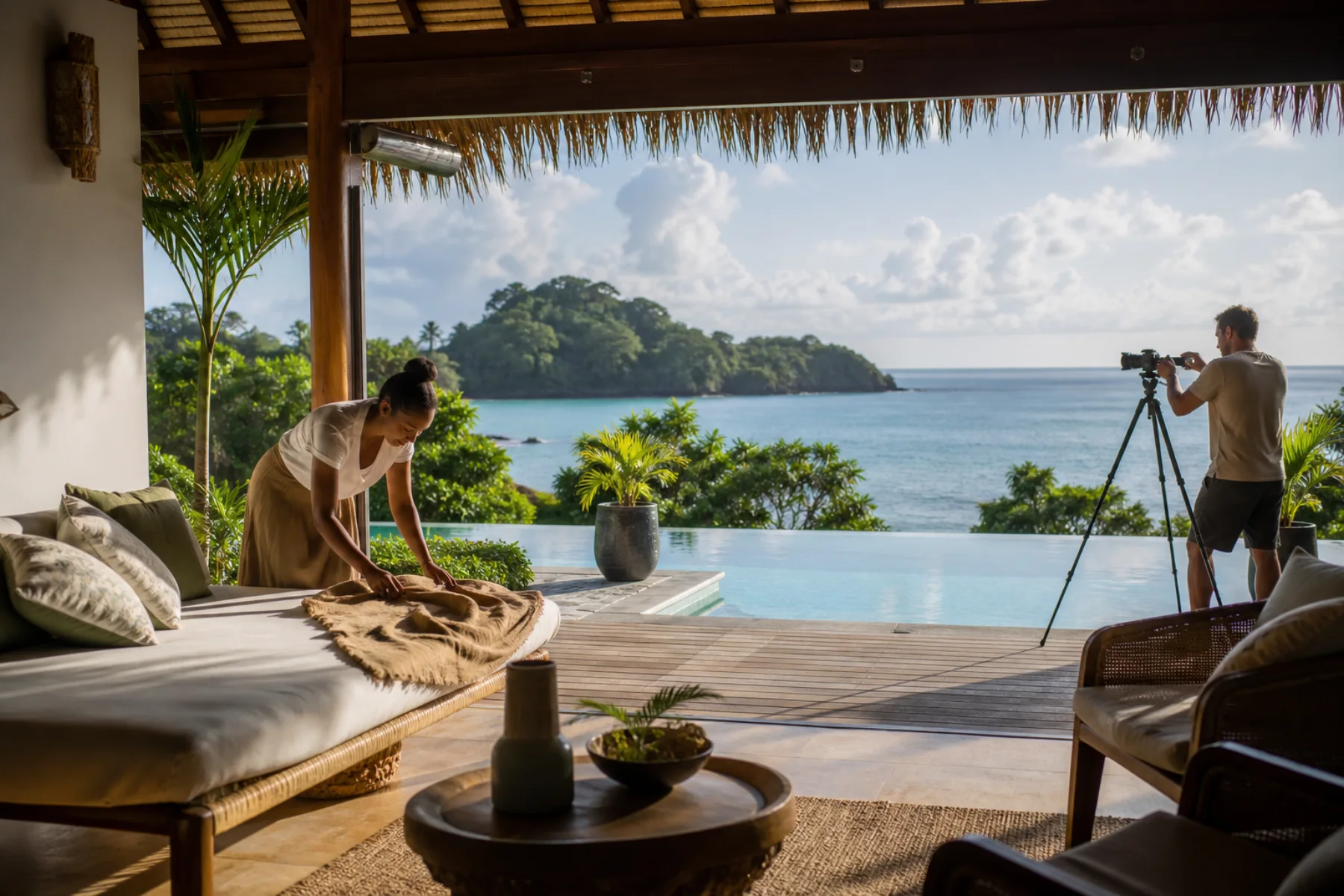 Équipe préparant et photographiant une villa de prestige à Nosy Be